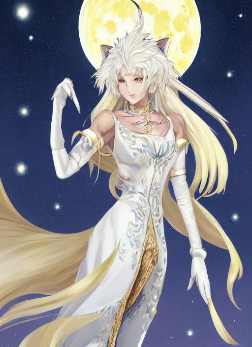 Image similar to commissioned full body portrait of a female anthro wolf princess fursona with white hair wearing a white and gold Japanese armored dress in a white and gold palace on a starry night with a large crescent moon, by a professional manga illustrator, Stanley Artgerm Lau, WLOP, Rossdraws, James Jean, Andrei Riabovitchev, Marc Simonetti, and Sakimichan, trending on artstation