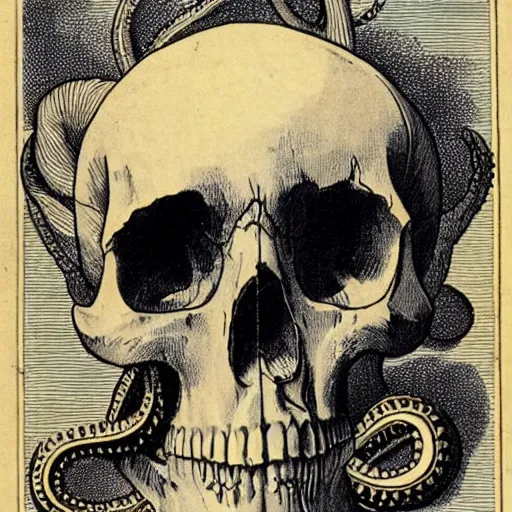 Image similar to skull of a pirate with tentacles protruding out at the bottom of the ocean old european map