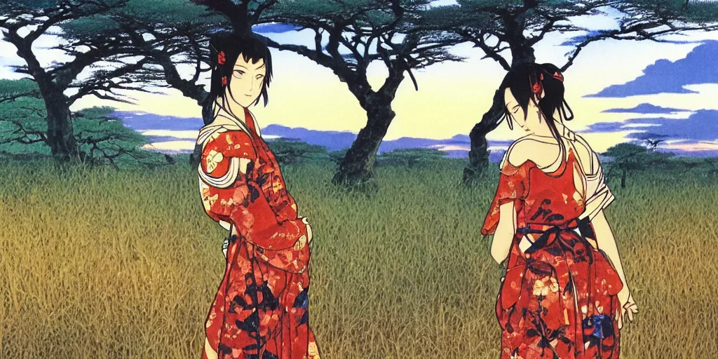 Image similar to painting of an anime girl in the savannah at golden hour by kitano tsunetomi, 1 9 3 9