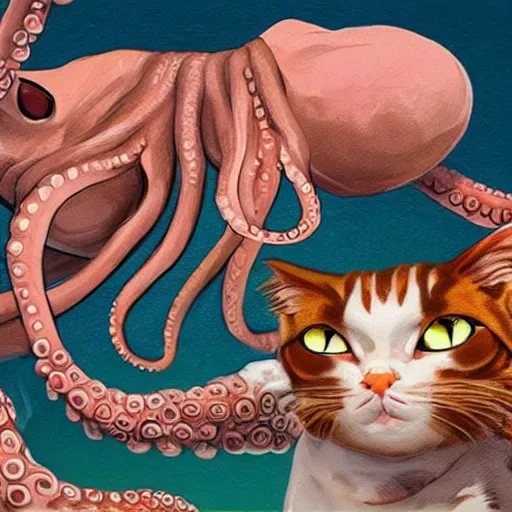 Image similar to octopus and cats taking a selfie together, photorealistic