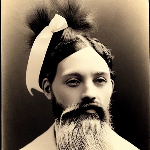 Image similar to bearded lady in fine victorian fashion, ribbons in beard, fancy hat, vintage photography