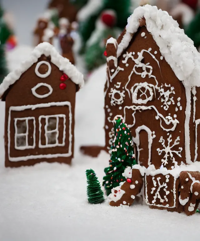 Image similar to high quality presentation photo of a gingerbread snow cottage, photography 4k f1.8 anamorphic bokeh 4k Canon Nikon