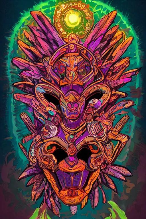 Image similar to totem animal tribal chaman vodoo mask feather gemstone plant wood rock video game illustration vivid color borderlands by josan gonzales and dan mumford radiating a glowing aura