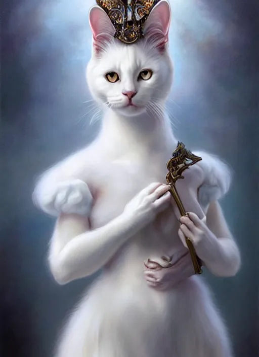 Image similar to a beautiful fluffy white cat with baroque dress, painted by artgerm and tom bagshaw, fantasy art, dramatic lighting, highly detailed oil painting