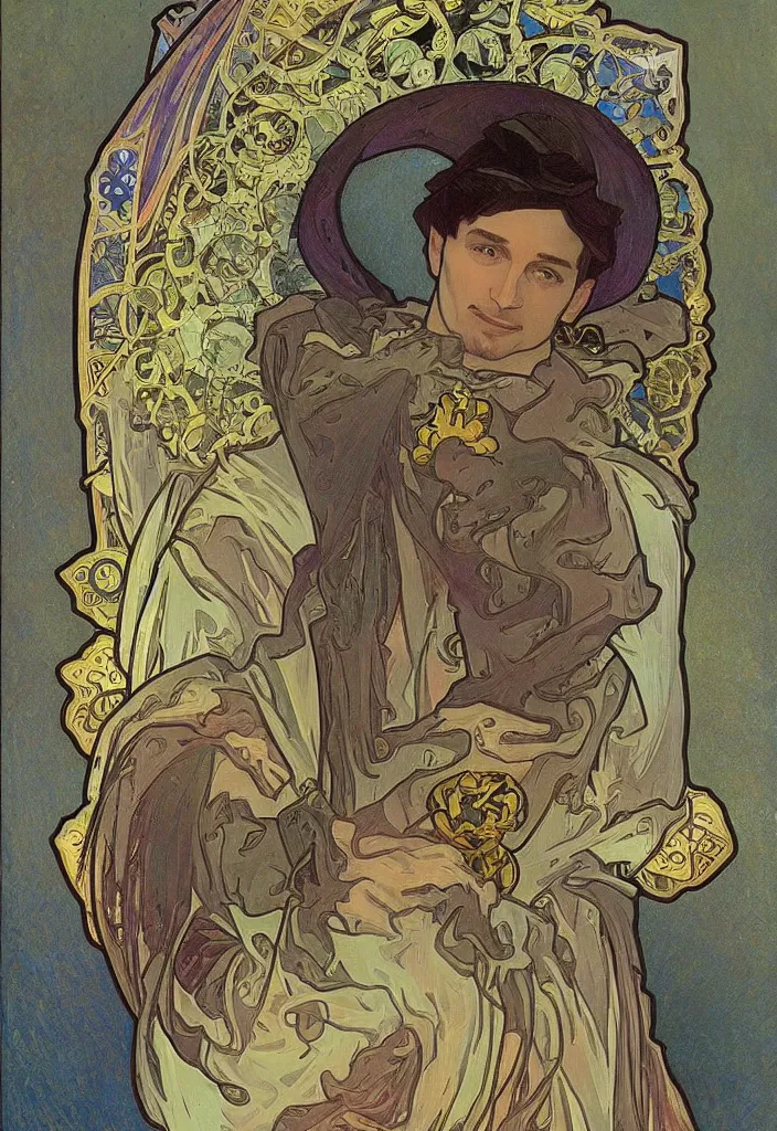 Image similar to geoffrey hinton in a crown on a tarot card, tarot in art style by alphonse mucha