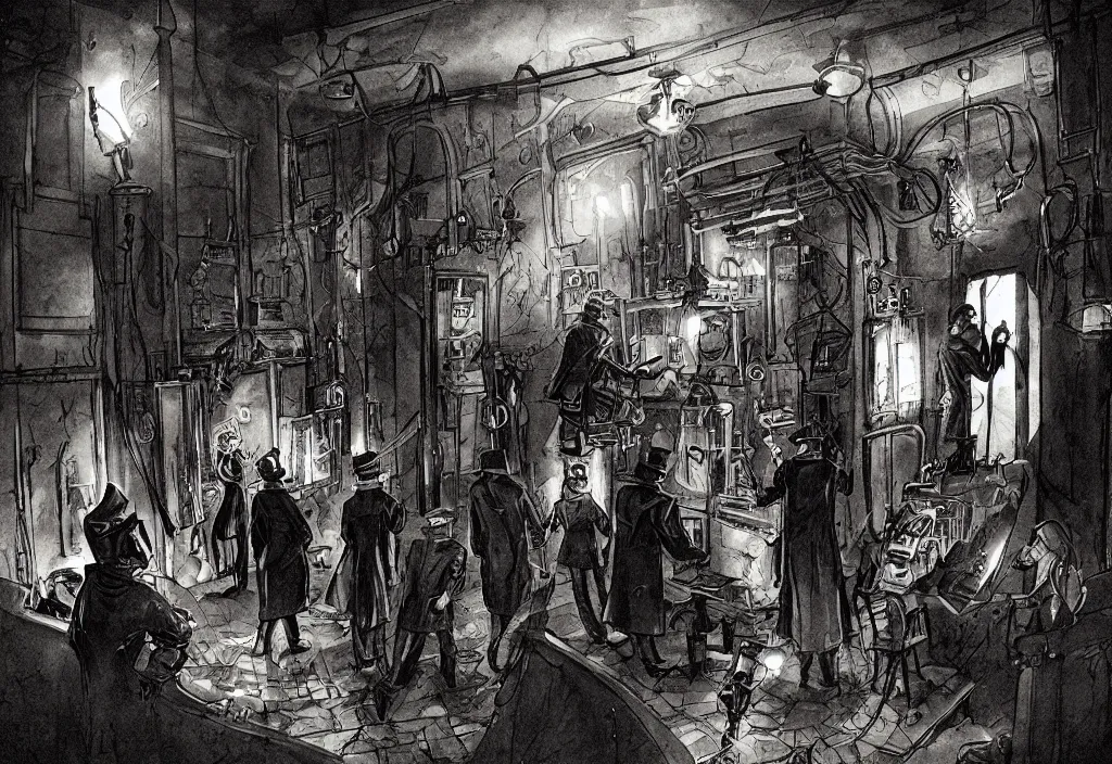 Prompt: dark lovecraftian labaratory 1920s interior, grim lighting, male and female investigators in trenchcoats aiming at unspeakable monstrosity, artstation, deviantart, trending