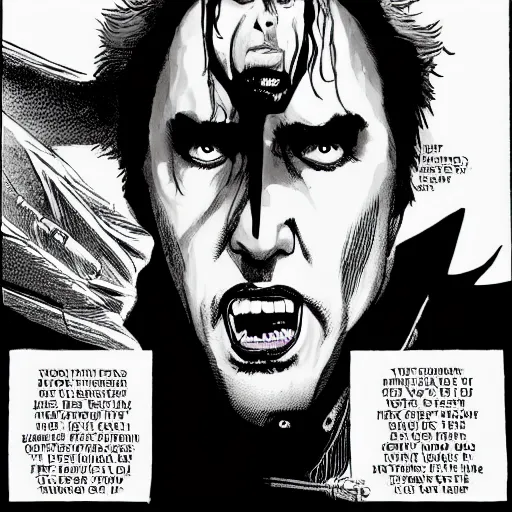 Prompt: Vampire Hunter Nicolas Cage esoteric graphic novel illustrated by Yoshitaka Amano written by Fred Durst