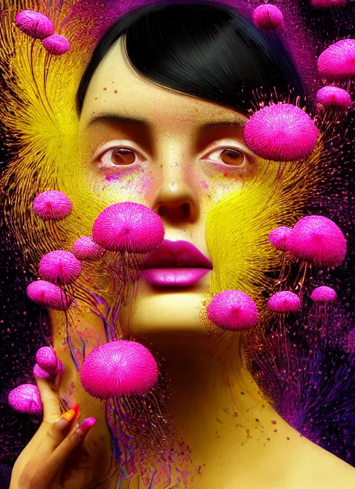 Prompt: hyper detailed 3d render like a Oil painting - black haired girl in mascara seen Eating of the Strangling network of colorful yellowcake and aerochrome and milky Fruit and Her delicate Hands hold of gossamer polyp blossoms bring iridescent fungal flowers whose spores black the foolish stars by Jacek Yerka, Mariusz Lewandowski, Houdini algorithmic generative render, Abstract brush strokes, Masterpiece, Edward Hopper and James Gilleard, Zdzislaw Beksinski, Mark Ryden, Wolfgang Lettl, Dan Hiller, hints of Yayoi Kasuma, octane render, 8k