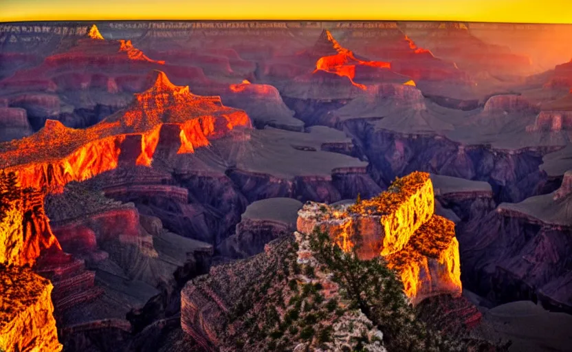 Prompt: an award winning professional photograph of the grand canyon at the golden hour, in the style of avatar, epic scene, extremely detailed masterpiece, extremely moody lighting, glowing light and shadow, atmospheric, shadowy, cinematic, god lighting