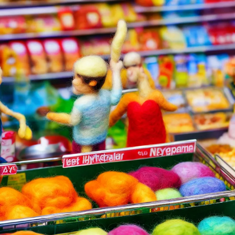 Image similar to needle felted person buying food at supermarket, highly detailed, tilt shift, cute, hyperrealism, highly textured, god rays