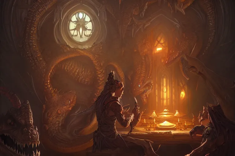 Image similar to forsaken crocodile god temple priests, great hall, deep focus, d & d, fantasy, intricate, elegant, highly detailed, digital painting, artstation, concept art, matte, sharp focus, illustration, hearthstone, art by artgerm and greg rutkowski and alphonse mucha