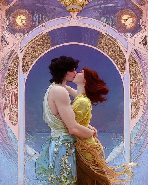 Image similar to the kiss | highly detailed | very intricate | art nouveau | gold filigree | romantic storybook fantasy | soft cinematic lighting | award - winning | painted by mandy jurgens and alphonse mucha and alena aenami | pastel color palette | featured on artstation