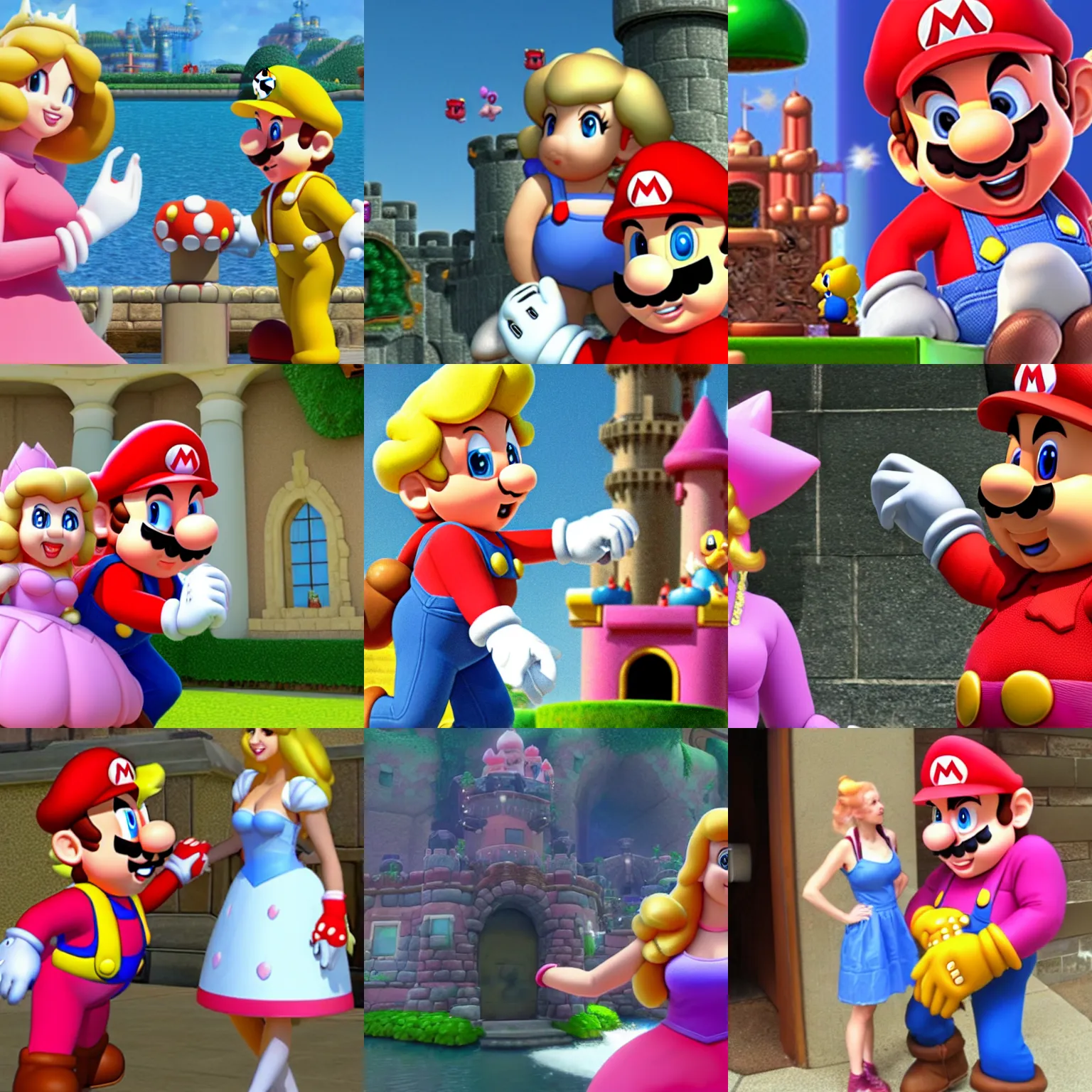 Prompt: shocked Mario discovering princess Peach is in another castle