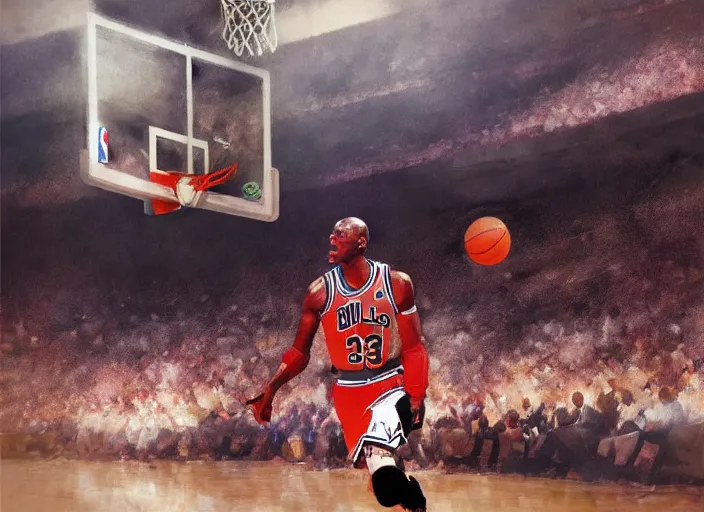 Prompt: environmental portrait of Michael Jordan at a basketball stadium, NBA Finals, concept art by Craig Mullins, masterpiece, highly detailed and ultra realistic, trending on artstation
