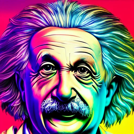 Image similar to high detailed portrait of albert einstein, cyberpunk2077, cyberpunk, neon, teal and gold colors, artstation, digital illustration