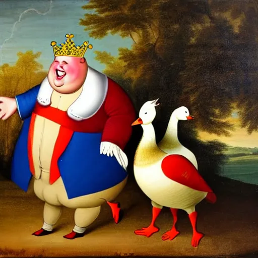 Prompt: a fat king with no crown chasing a goose, who has stolen his crown and is wearing it. classist painting.