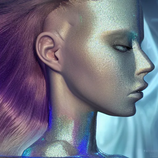 Prompt: beautiful face, crystal, platinum, gold, biomechanoid with incredible iridescent pearlescent voluminous fiberoptic hair, crystalline masterpiece implants, hyperdetailed face, elegant pose, movie still, intricate, octane render, cinematic forest lighting, unreal engine, crepuscular rays, god rays.