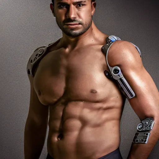 Prompt: a studio portrait of a cyborg Latino man with olive skin, futuristic human, extremely detailed, 8k, cinematic lighting,