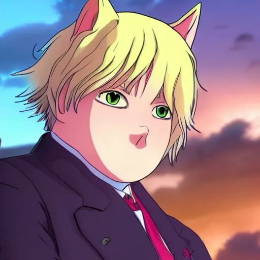 Prompt: cell shaded anime key visual of boris johnson as a catgirl, moebius, makoto shinkai, dramatic lighting