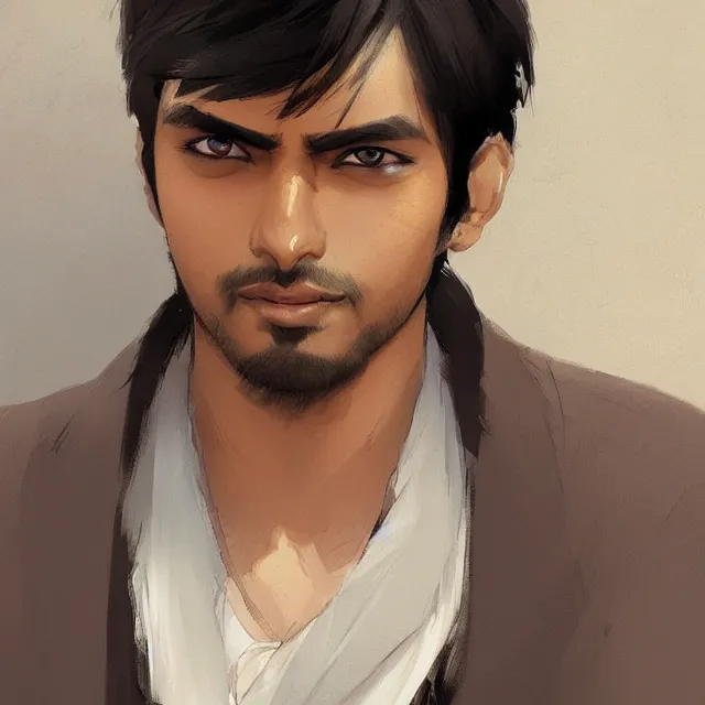 Image similar to handsome indian anime character, medium close up portrait, elegant, digital painting, artstation, concept art, smooth, sharp focus, illustration, art by konstantin korovin and daniel f. gerhartz and john howe