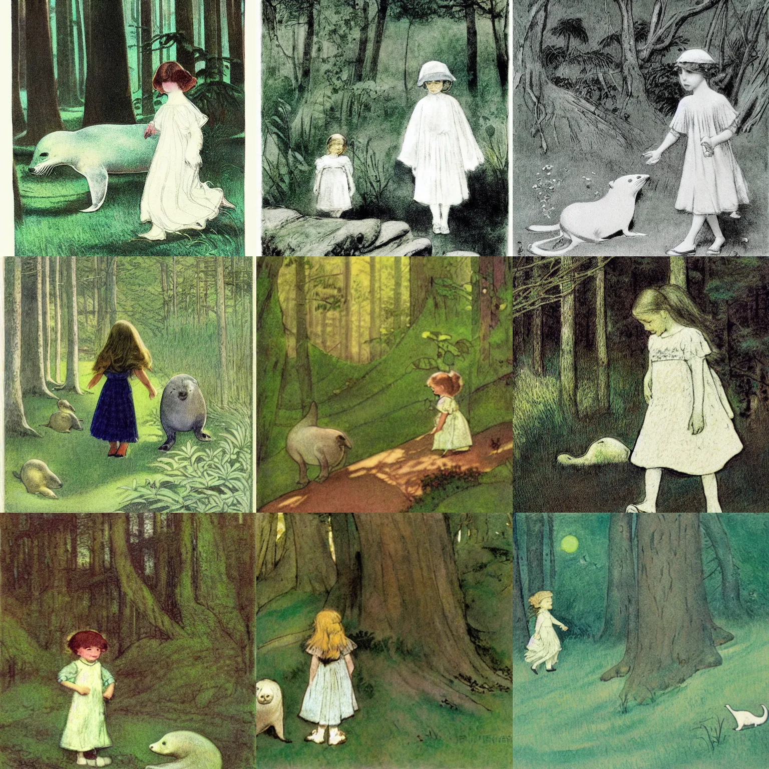 Prompt: an illustration of a little girl and a white seal wandering the Mesozoic Era in the style of Jessie Willcox Smith, green flora forest, monochromatic, nature, 1908