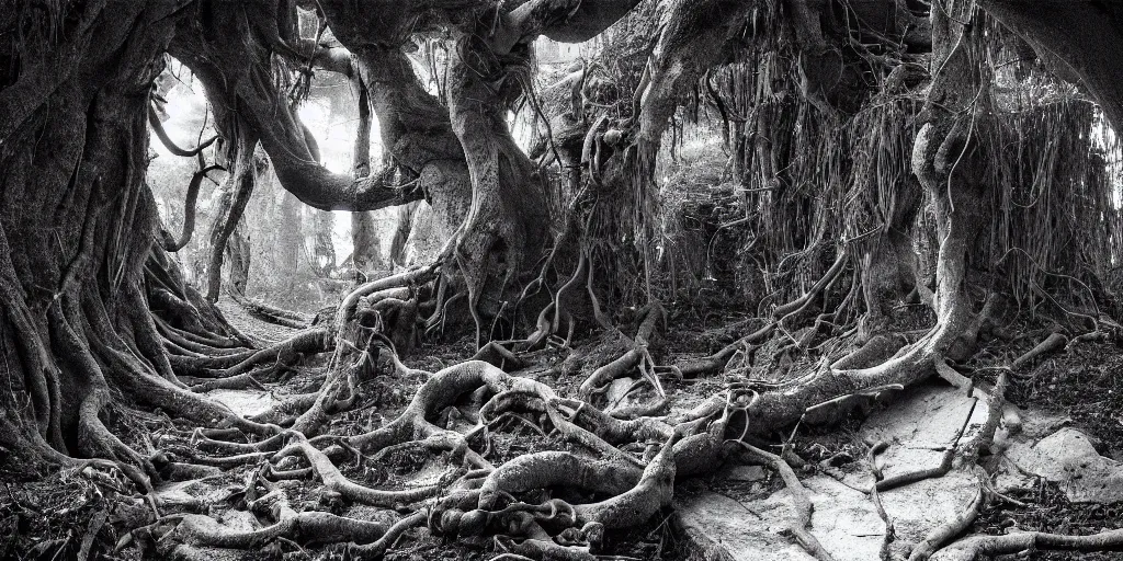 Prompt: portrait of a sickle getting overgrown by roots, forest, dolomites, alpine, detailed intricate insanely detailed octane render, 8k artistic 1920s photography, photorealistic, black and white, chiaroscuro, hd, by David Cronenberg, Raphael, Caravaggio