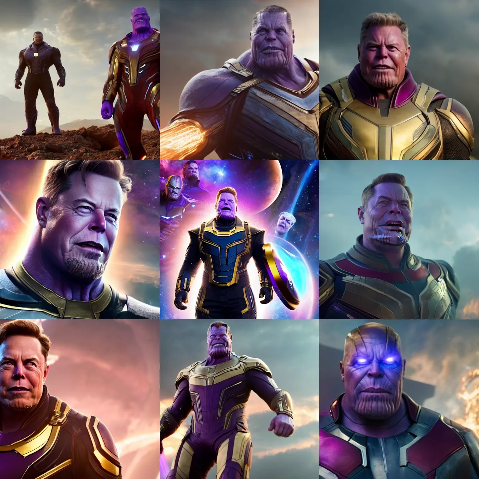 Prompt: A still of Elon Musk as Thanos on Avengers Endgame, award winning photo, unreal engine, highly detailed features