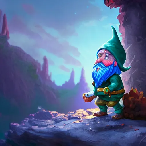 Image similar to a gnome looking for a new adventure in a colorful fantasy world, beautiful landscape, dramatic lighting, cinematic, establishing shot, extremly high detail, photorealistic, cinematic lighting, post processed, concept art, artstation, matte painting, style by greg rutkowsky