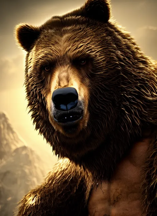 Image similar to portrait of a bear werewolf, brown and grey hair, golden eyes with a paw scar on his right cheek, dim volumetric lighting, 8k octane beautifully detailed render, post-processing, extremely hyperdetailed, intricate, epic composition, grim yet sparkling atmosphere, cinematic lighting + masterpiece, trending on artstation