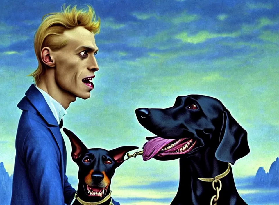 Image similar to realistic detailed portrait movie shot of an elegant blond male vampire with a doberman on a leash, sci fi landscape background by denis villeneuve, amano, yves tanguy, alphonse mucha, max ernst, caravaggio, roger dean, masterpiece, rich cold moody colours, dog teeth, blue eyes