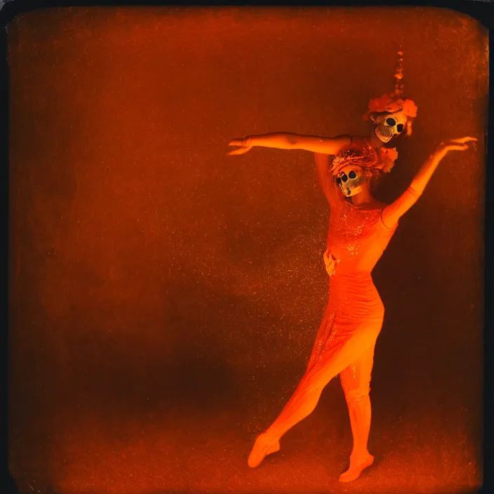 Prompt: kodak portra 4 0 0, wetplate, motion blur, portrait photo of a backdrop, skelleton dance, golden 1 9 2 0 s, coloured in orange fire, sparkling, by georges melies and by britt marling, muted colours