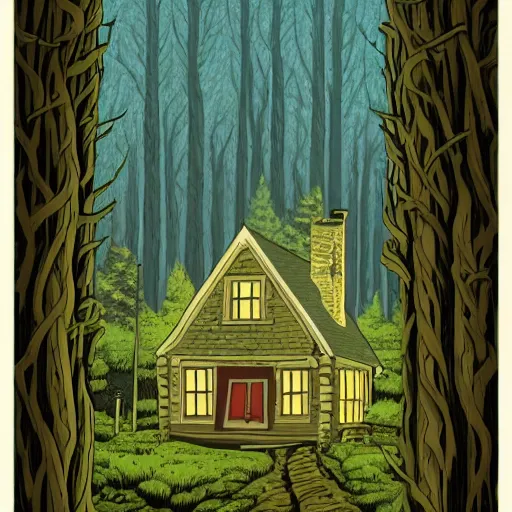 Image similar to a Ilustration of a Eerie cabin in the middle of the woods in the style of Dan Mumford