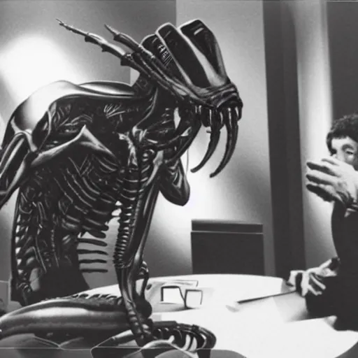 Prompt: polaroid image of xenomorph in a presidential debate