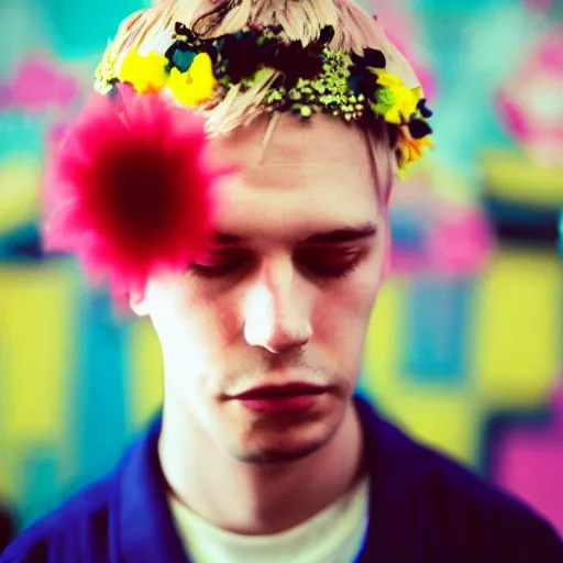Prompt: kodak portra 4 0 0 photograph of a skinny blonde guy standing in cluttered 9 0 s cyber bedroom, back view, flower crown, moody lighting, telephoto, 9 0 s vibe, blurry background, vaporwave colors, faded!,