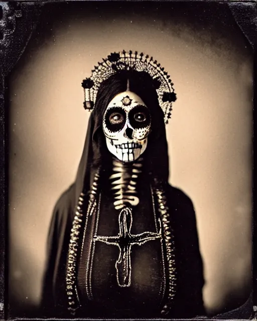 Image similar to tintype full body virgin mary dressed in dia de muertos makeup high quality photo, microchip, artificial intelligence, bio - mechanical bio - luminescence, black wired cables, neurons, nerve cells, cinematic, rim light, photo - realistic, high detail, 8 k, masterpiece, high fashion, in the style of steven meisel dora maar h. g. giger