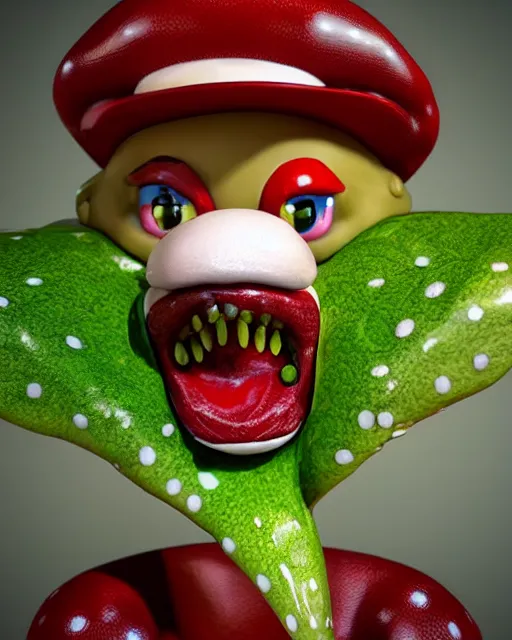 Image similar to hyperrealistic anthropomorphic cartoon 3 d unreal engine red and white polka dot venus fly trap thick lips wet tongue eating photorealistic italian plumber photography portrait