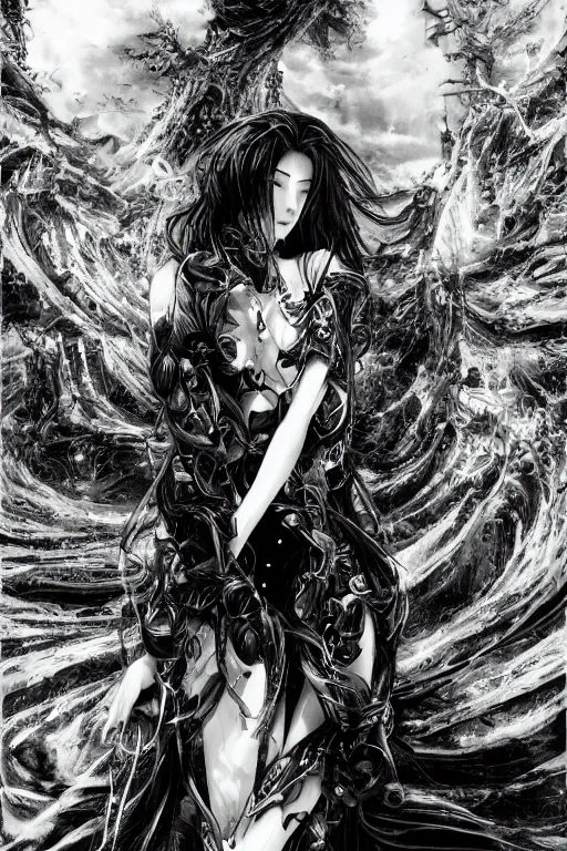 Image similar to a vertical portrait of a character in a scenic environment by Yoshitaka Amano, black and white, dreamy, cybernetic suit, wavy long black hair, highly detailed