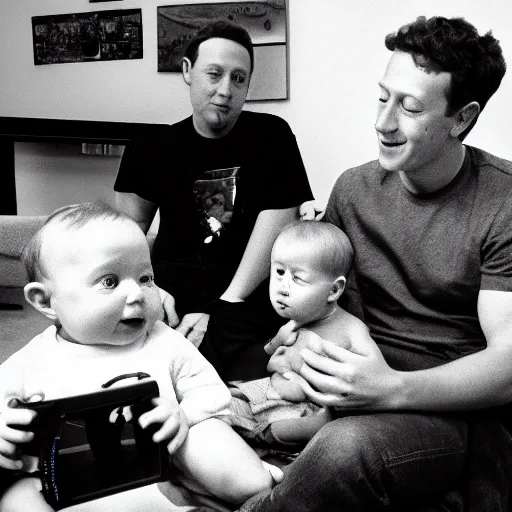 Prompt: baby mark zuckerberg playing sega genesis with baby elon musk while their parents look on. 3 5 mm photograph