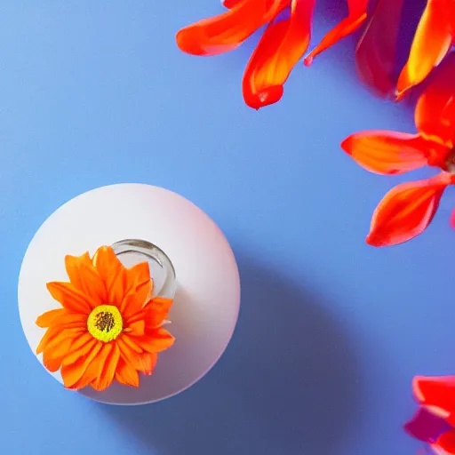 Image similar to centered bright perfume bottle sitting on a white clean surface surrounded by a plethora of white flowers and oranges upfront, with dreamy bright blue sky and clouds in the background, softly - lit, soft - warm, zen, light, modern minimalist f 2 0 clean