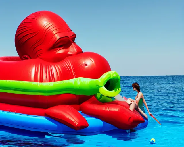 Prompt: a long shot of a giant award winning sculpture made out of inflatable pool toys in the shape of a human head, on the surface of the ocean, in the style of chad knight, hyper detailed, hyper realistic, ray tracing, 8 k resolution, sharp focus, realistic water