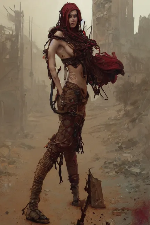 Image similar to a full body portrait of a beautiful post apocalyptic offworld butchers district bedouin blind pulp fiction scarlet wild rogue barbarian leper begging by the roadside, intricate, elegant, highly detailed, digital painting, artstation, concept art, smooth, sharp focus, illustration, art by krenz cushart and artem demura and alphonse mucha