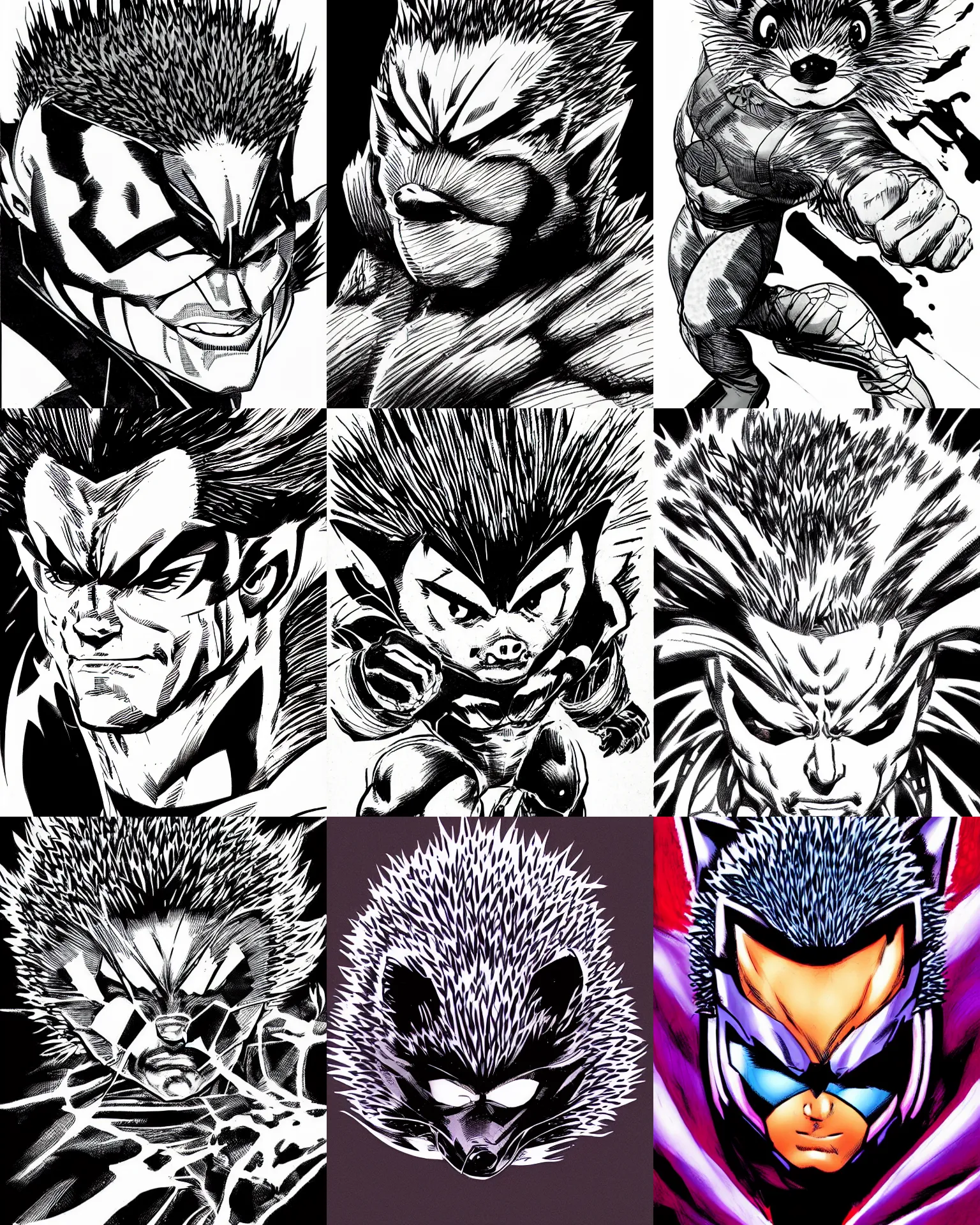 Prompt: hedgehog!!! jim lee!!! macro face shot!! flat ink sketch by jim lee face close up headshot in the style of jim lee, x - men superhero comic book character by jim lee