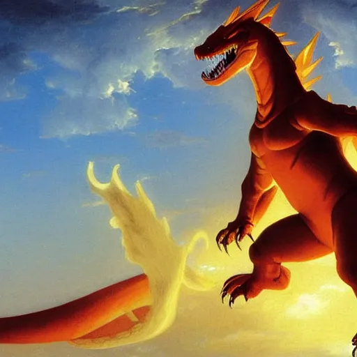 Image similar to Painting of a Charizard as Godzilla. Art by william adolphe bouguereau. During golden hour. Extremely detailed. Beautiful. 4K. Award winning.