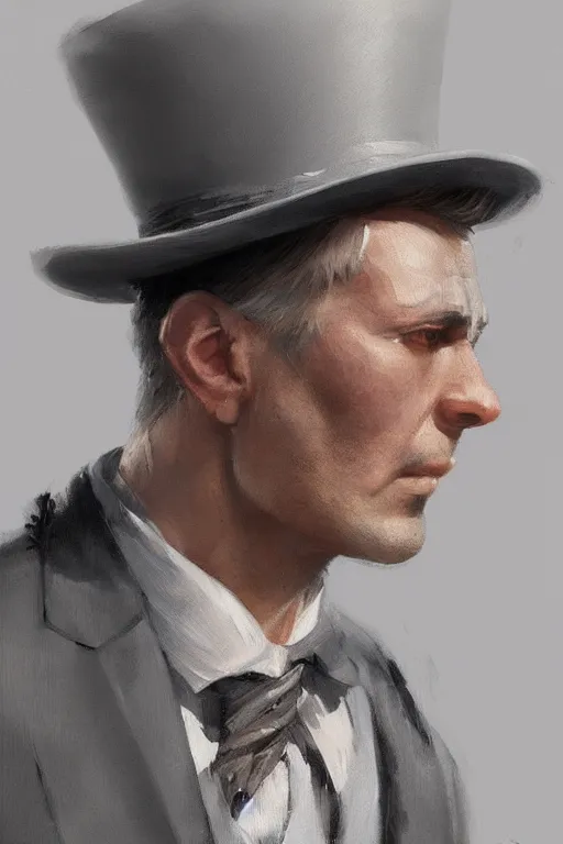 Prompt: a grey hair halfling with stubble top hat and suit by Greg Rutkowski, painting, portrait, high details, trending on artstation