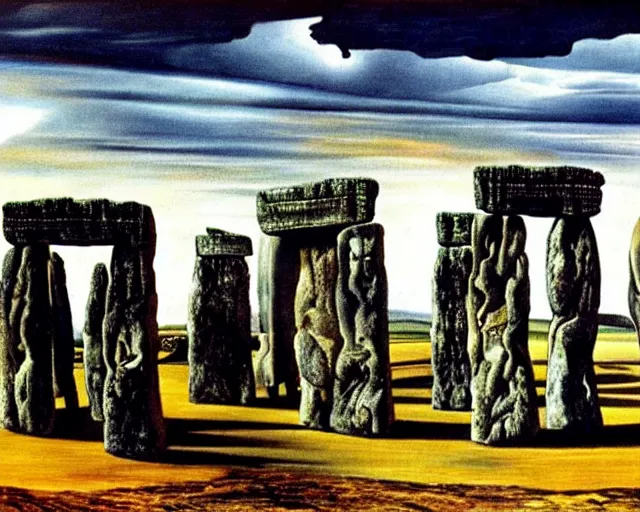 Image similar to painting of Stonehenge by Salvador Dali. several layers of perspective. Many points of view. mind bending illusions of perception