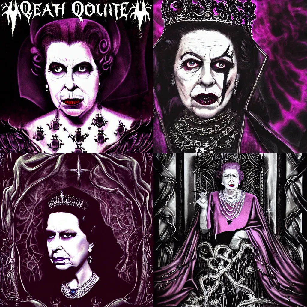 Prompt: Death Metal album cover, Queen Elizabeth II in gothic makeup, hyperdetail, ArtStation, dark, grungy, vines, royal jewels, purple felt curtains, silver, the moon. Album title is Lizzy