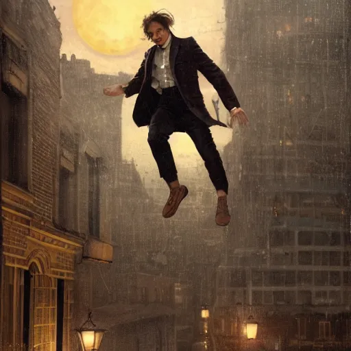 Prompt: frank dillane jumping between rooftops in london, old english clothes, night, full moon, highly detailed, by greg rutkowski