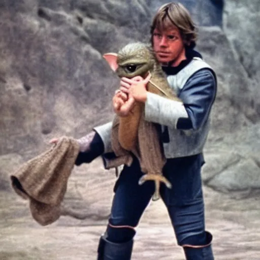 Prompt: luke skywalker carrying gremlin