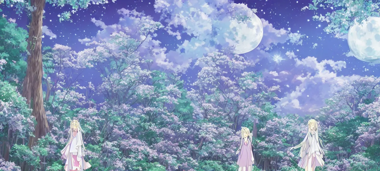 Image similar to illyasviel walking through enchanted ghibli clover | Big Moon at Blue Night | Trees with white flowers | bioluminescent blue FLOWERS | strong blue rimlit | visual-key | anime illustration | highly detailed High resolution | Light Novel | Visual Novel | In the style of Miyama-Zero, Yuuki Hagure