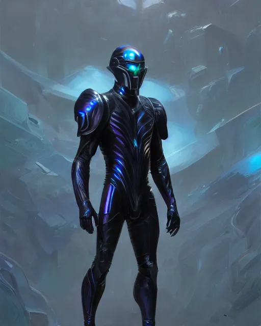 Image similar to character concept of iridescent sinewy smooth muscular male sleek glossy indigo black pearlescent scifi armor with smooth black featureless helmet, by greg rutkowski, mark brookes, jim burns, tom bagshaw, magali villeneuve, trending on artstation